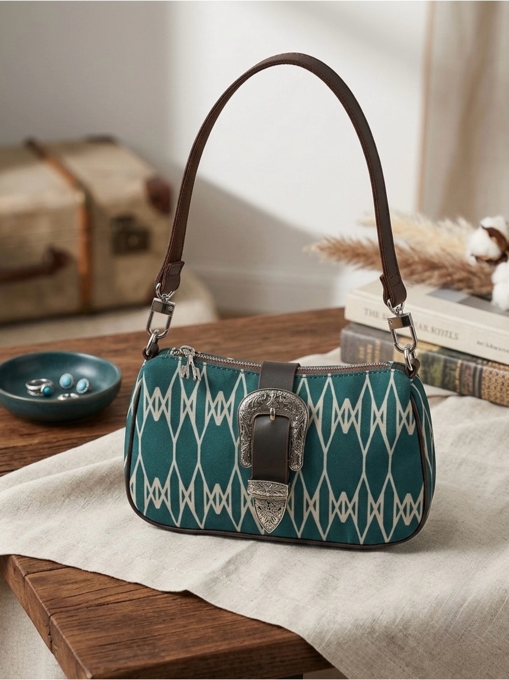 Noma New York "Odelia" Geometric Print Shoulder Bag with Steel Buckle Accents